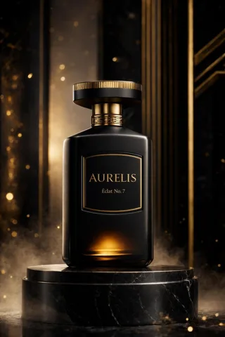 Imagem de referência: um frasco de perfume preto sobre uma base de mármore