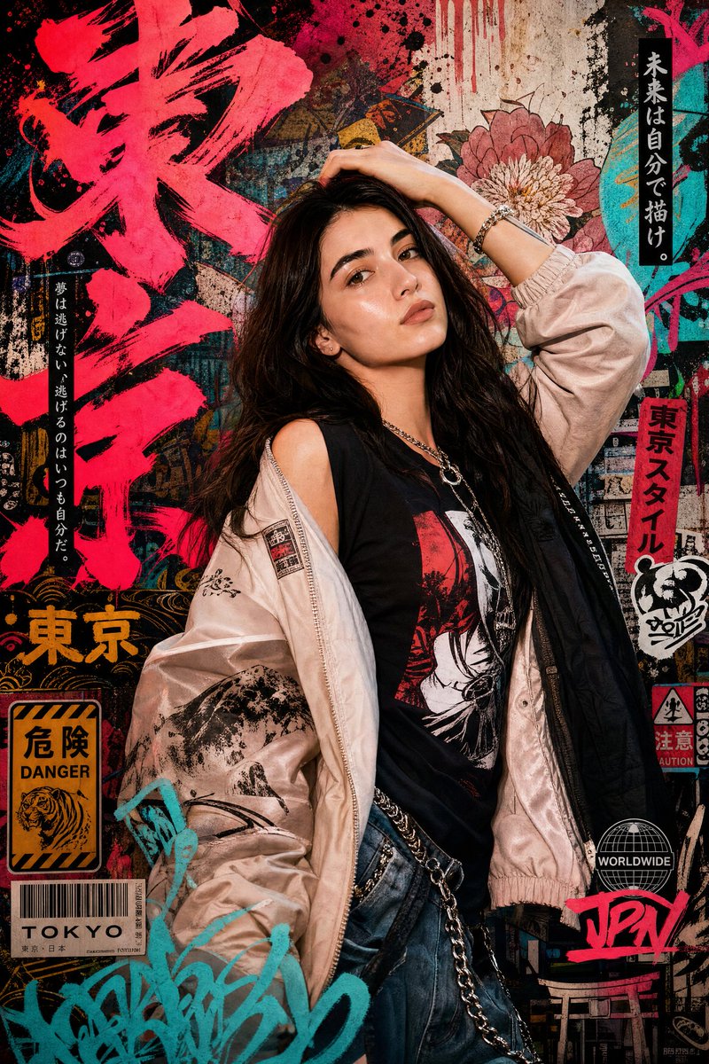 AI image generator prompt example: Create a high-detail portrait poster in a bold Japanese graf output
