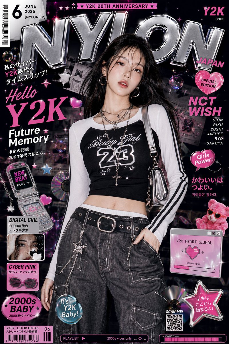 AI image generator prompt example: High-fashion Y2K-inspired editorial artwork featuring a styl output