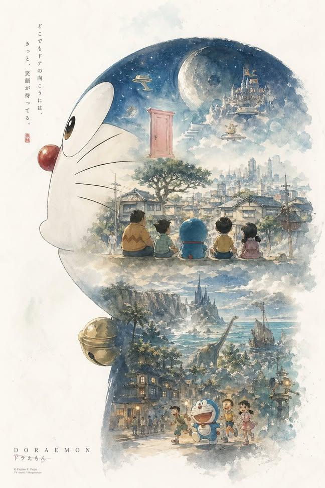 AI image generator prompt example: Create a watercolor-style illustration of Doraemon's head si output