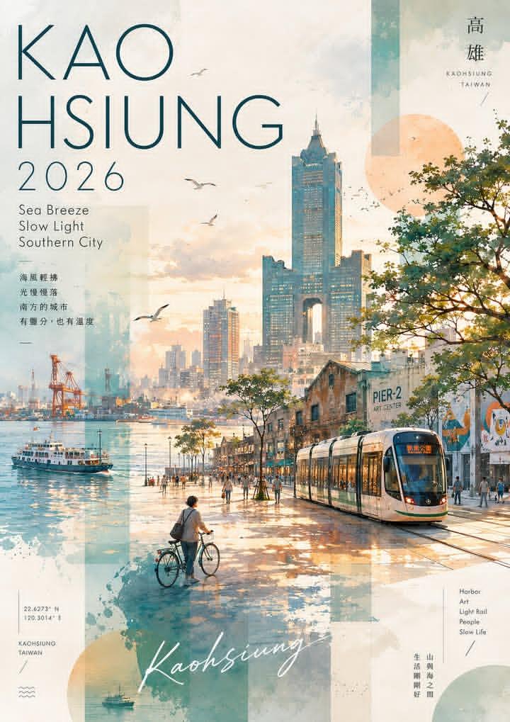 AI image generator prompt example: Watercolor and collage travel poster for Kaohsiung, Taiwan,  output