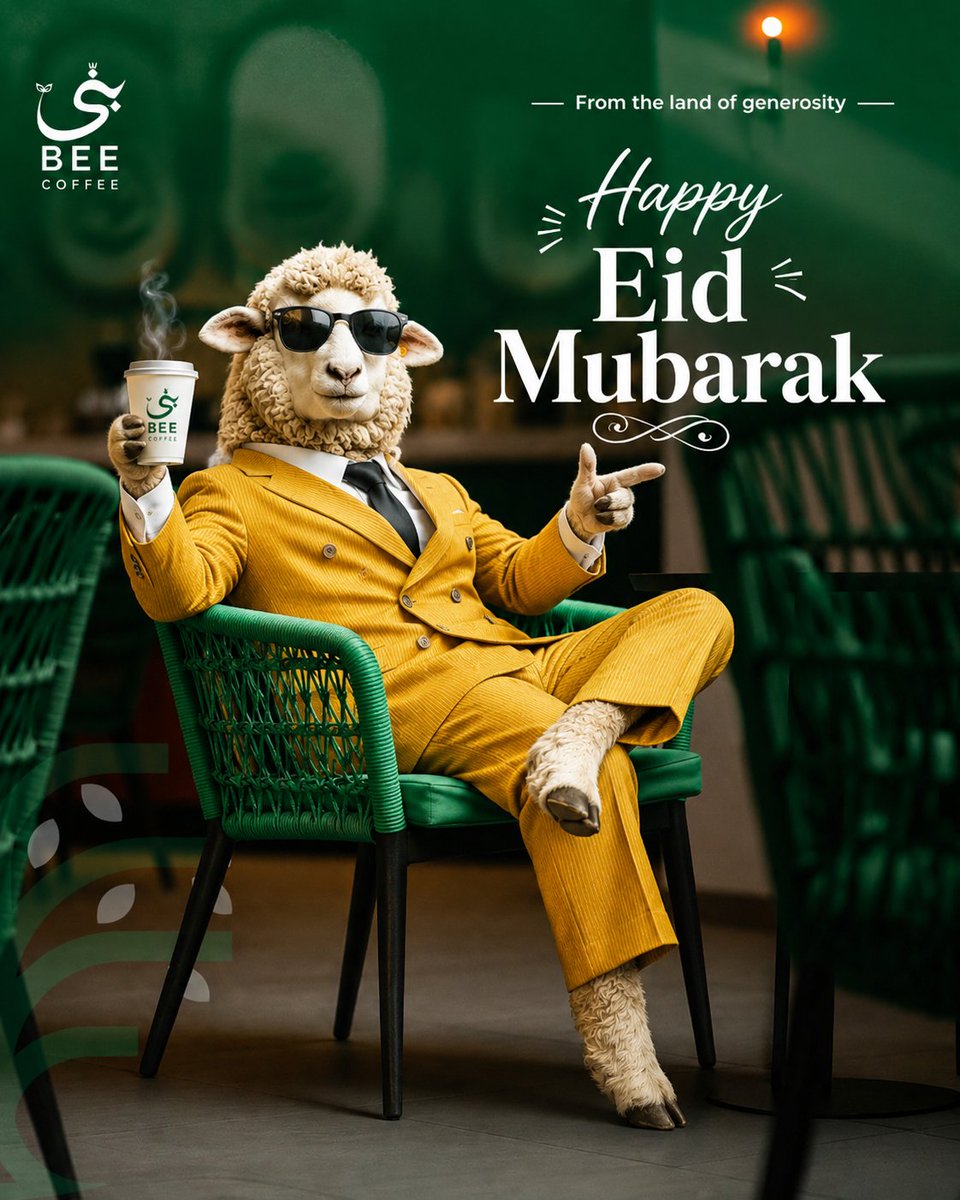 AI image generator prompt example: A luxurious Eid-themed café advertisement poster featuring a output