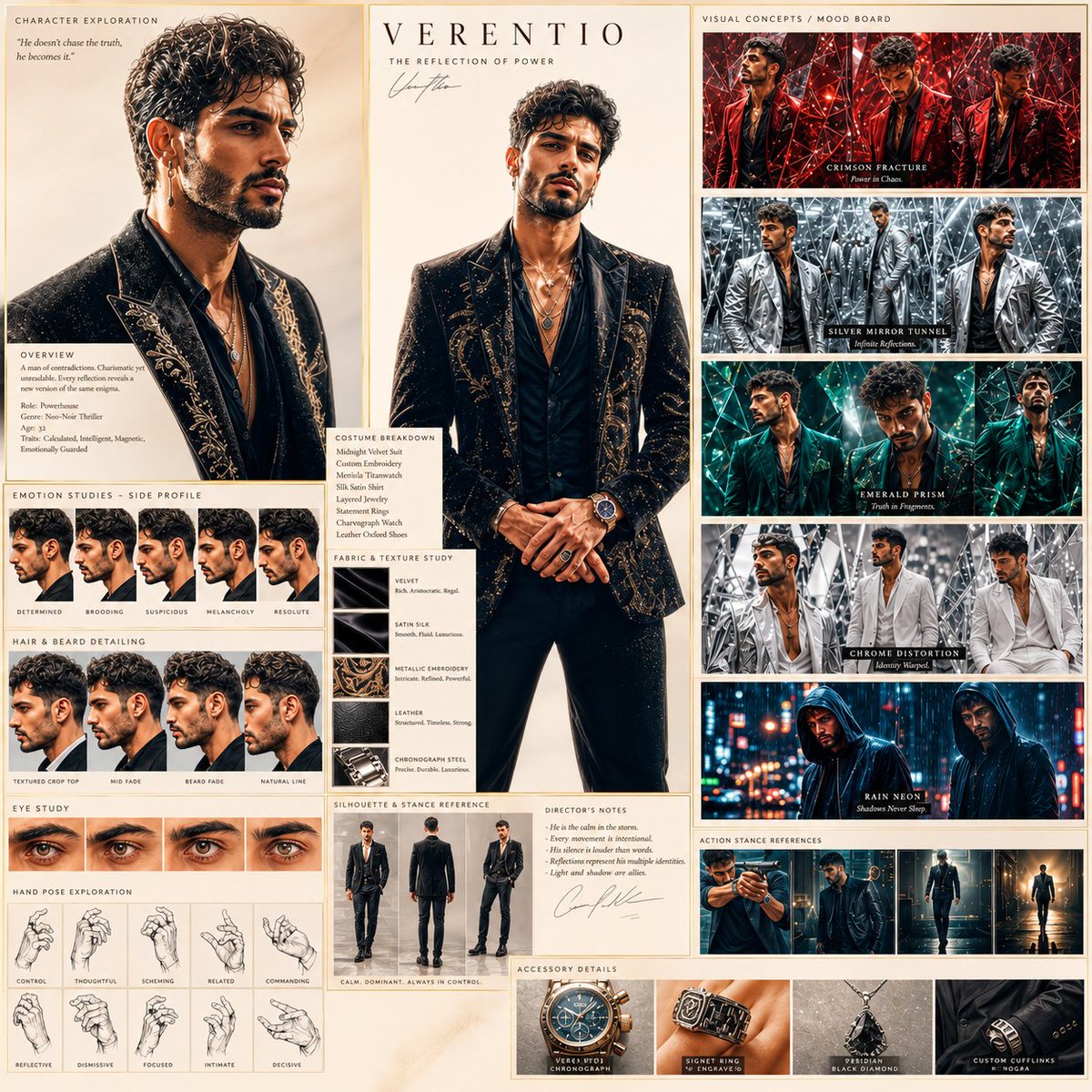 AI image generator prompt example: Create a cinematic character exploration sheet for a premium output