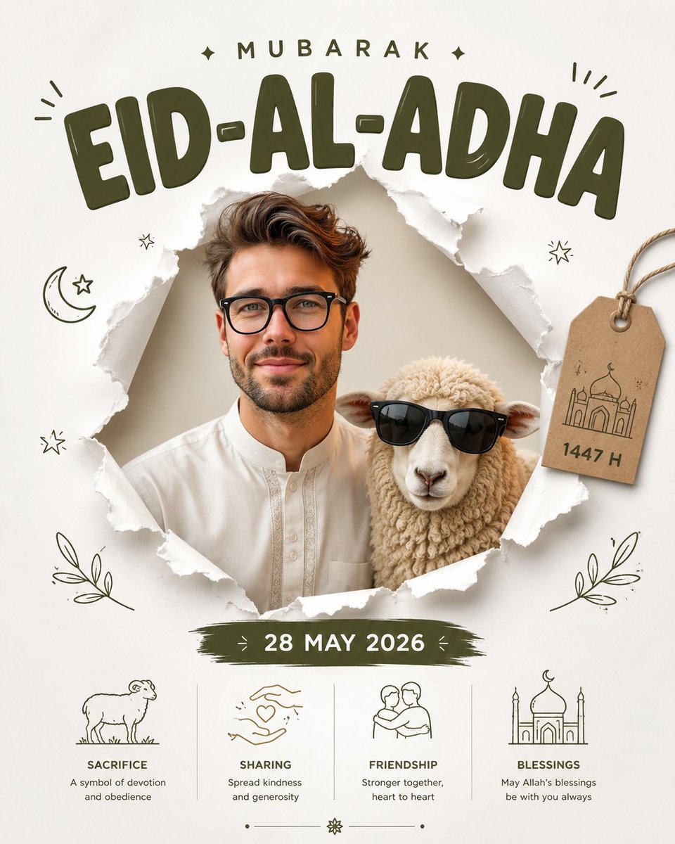 AI image generator prompt example: Create a modern minimalist Eid al-Adha greeting poster desig output