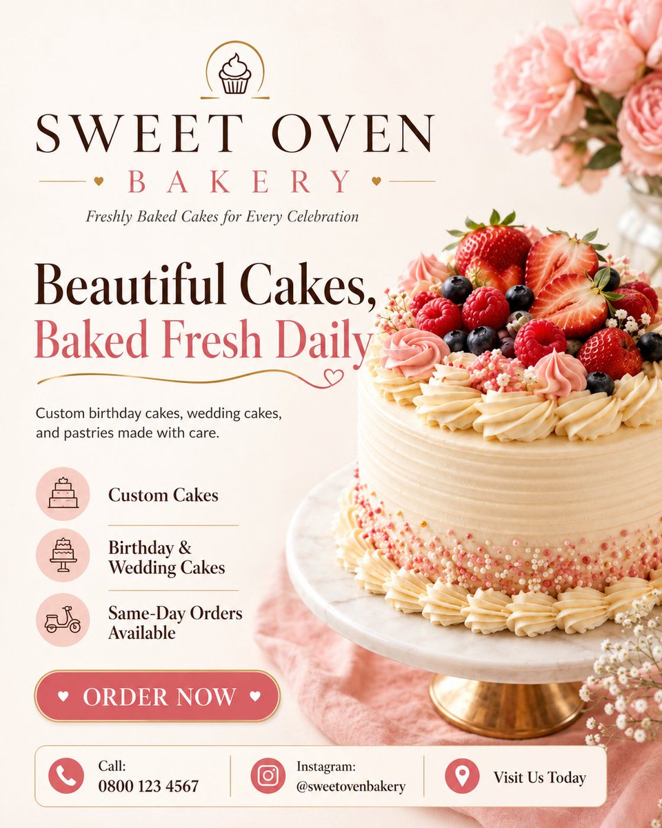 AI image generator prompt example: Create a clean, professional cake bakery promotional poster  output