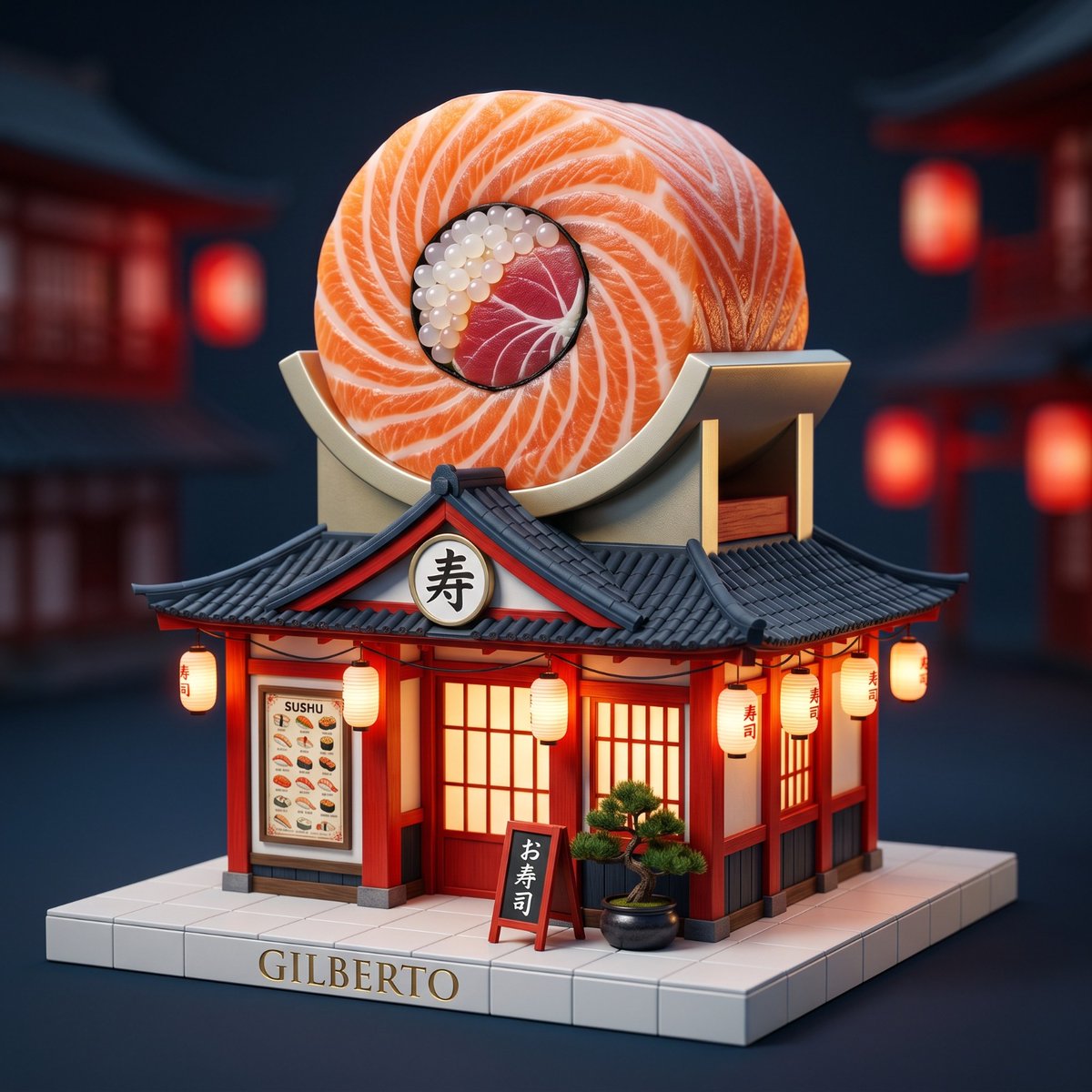 AI image generator prompt example: A rooftop pizza melting over brick walls, a sushi roll large output