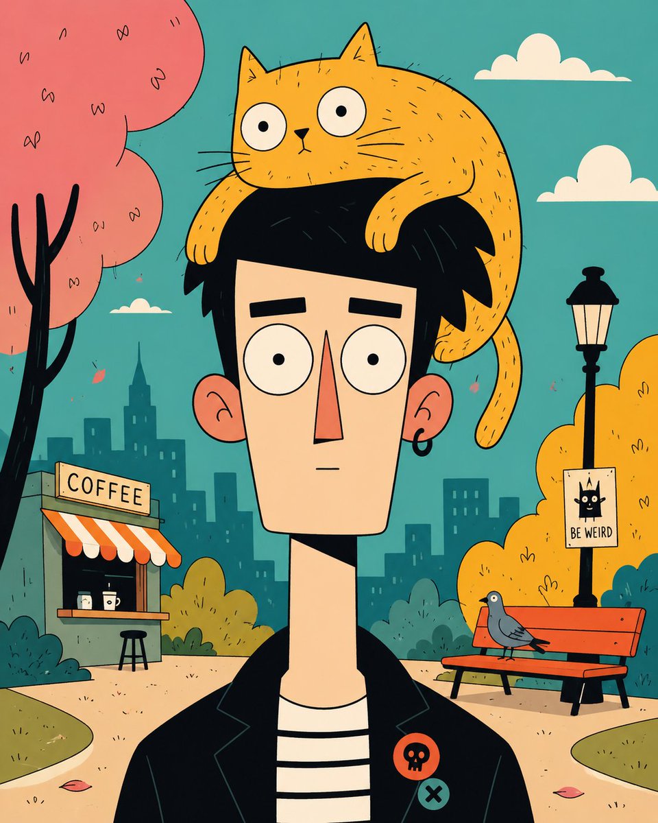 AI image generator prompt example: Vertical quirky flat cartoon portrait of [HUMAN] with a tall output