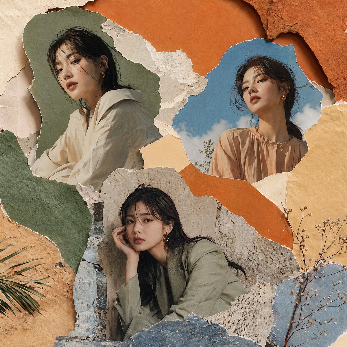 AI image generator prompt example: Create an artistic 1:1 luxury collage using torn paper shape output