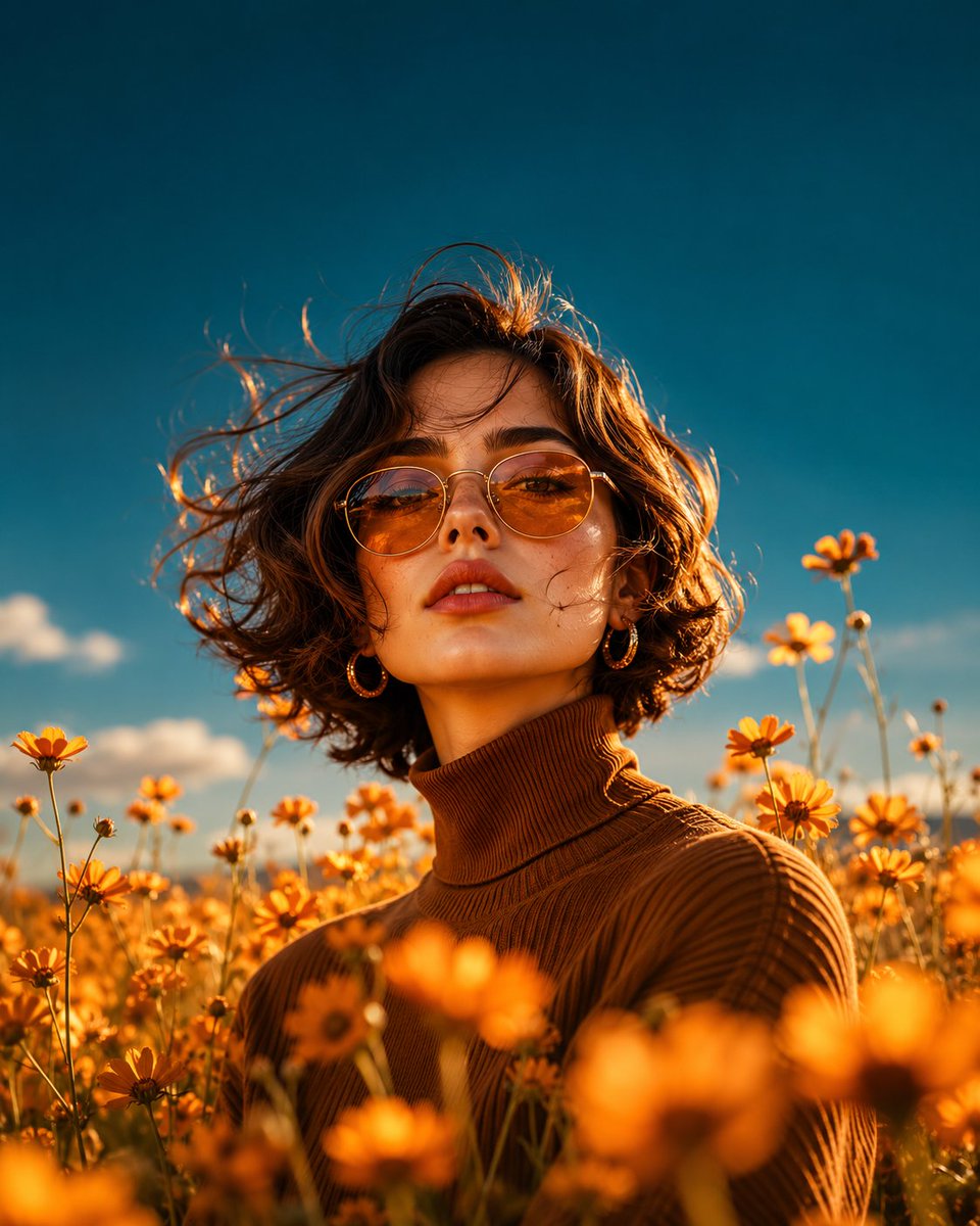 AI image generator prompt example: Wide environmental portrait, woman in brown turtleneck stand output