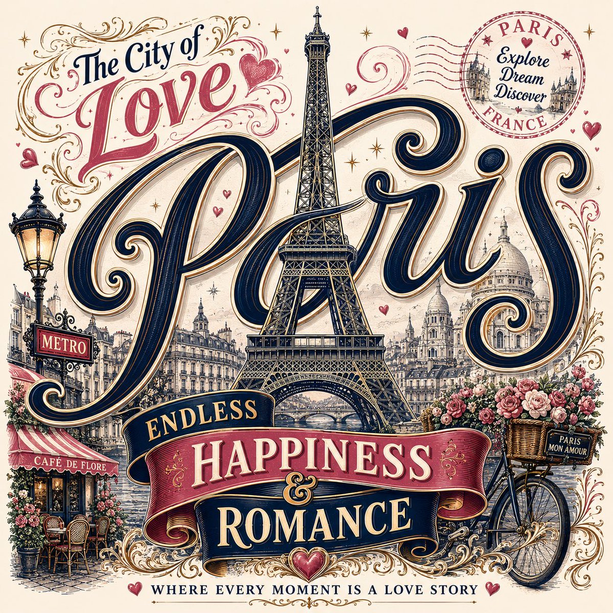 AI image generator prompt example: Vintage romantic travel typography poster for  Paris designe output
