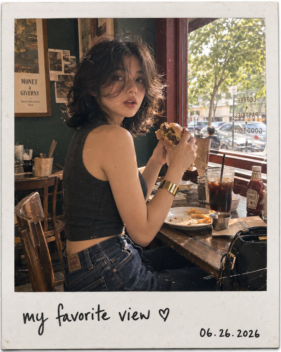 AI image generator prompt example: Aesthetic candid café snapshot presented as a realistic vint output