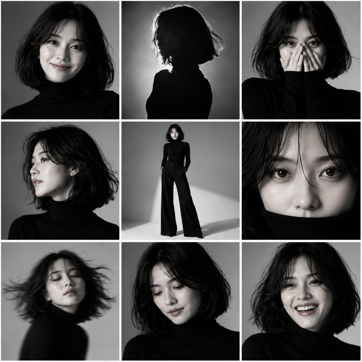 AI image generator prompt example: Create a 3×3 grid photo collage with high-contrast black-and output