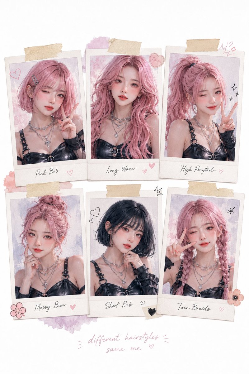 AI image generator prompt example: Aesthetic scrapbook collage featuring six Polaroid-style por output