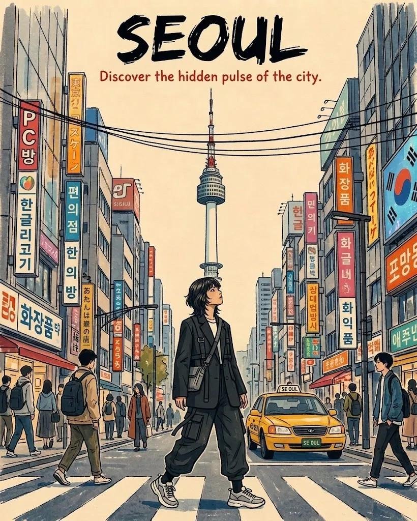 AI image generator prompt example: Create a vibrant hand-drawn editorial travel poster combinin output